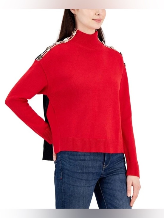 Tommy Hilfiger Sweaters - Tommy Hilfiger Mock Neck Sweater Small Red Colorblock Button Shoulder NWT Preppy